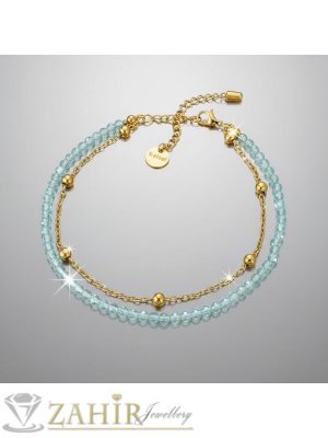 Красива гривна за ръка или глезен от естествен син аквамарин 3 мм и стоманена верижка с топчета, стоманени накрайници - GA3217